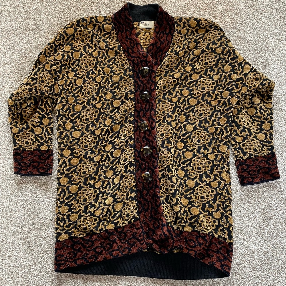 Dia Wool Blend Long Cardigan, Large, Rust Red & Gold, 90s Vintage Oversized EUC